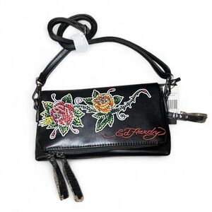 Ed Hardy Black Crossbody Bag with Floral Embroidery